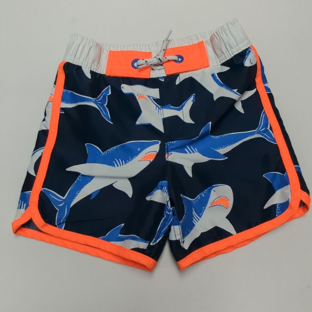 Mini Boden Blue Orange Shark Swim Trunks Boys 5/6Y